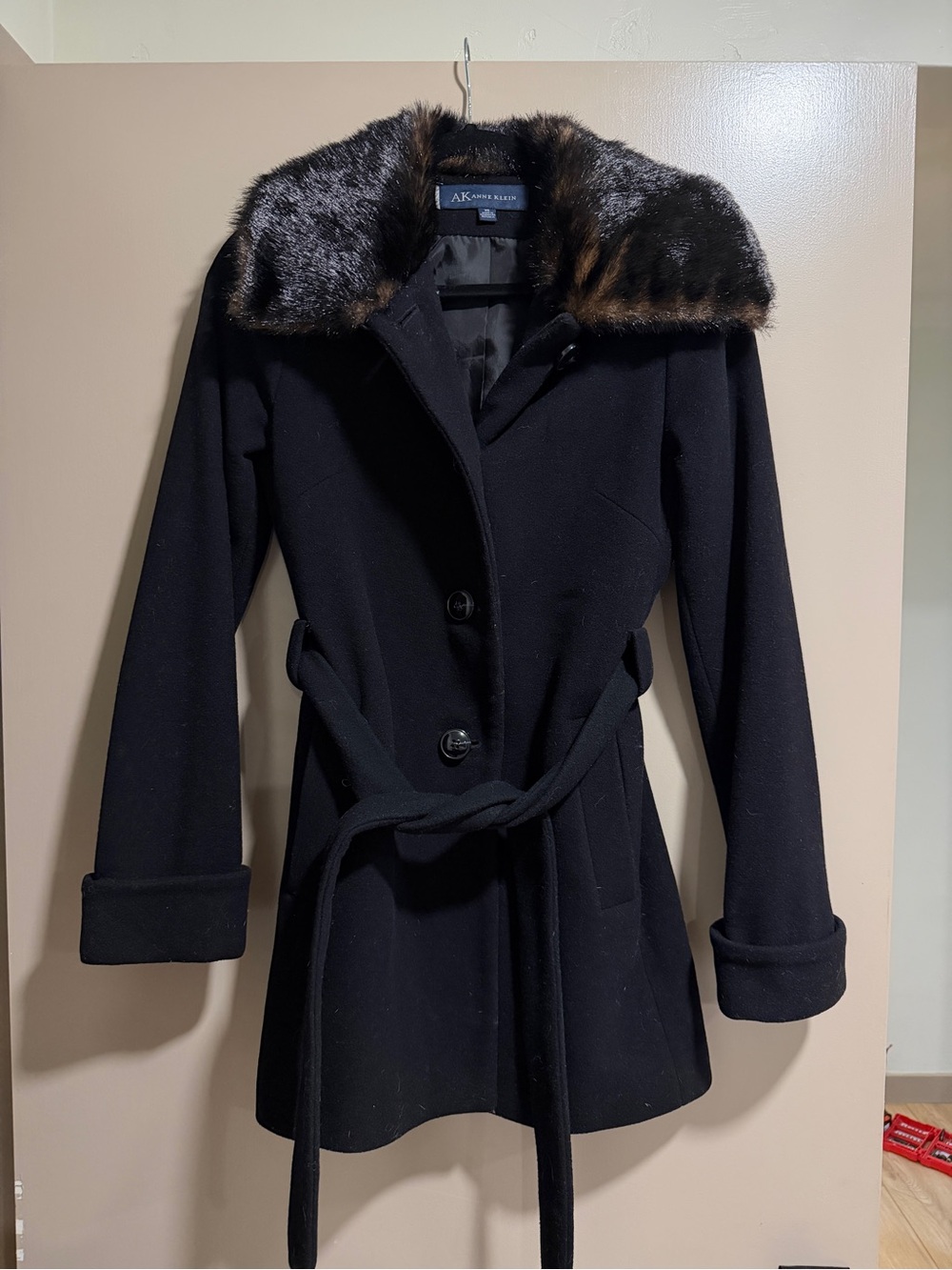 Anne Klein Black Trench Coat with Faux Fur Trim